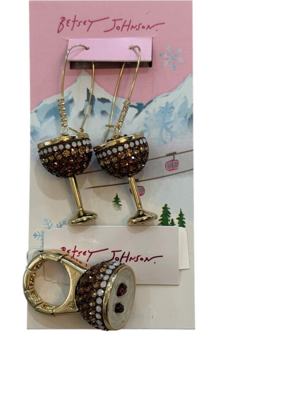 Betsey Johnson Espresso Martini Dangle Drop Earrings & Ring Set NWT